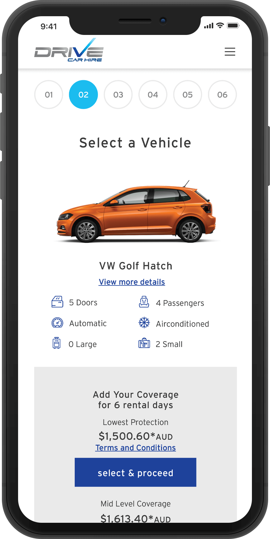 Select a vehicle mobile mockup Drive Car Hire